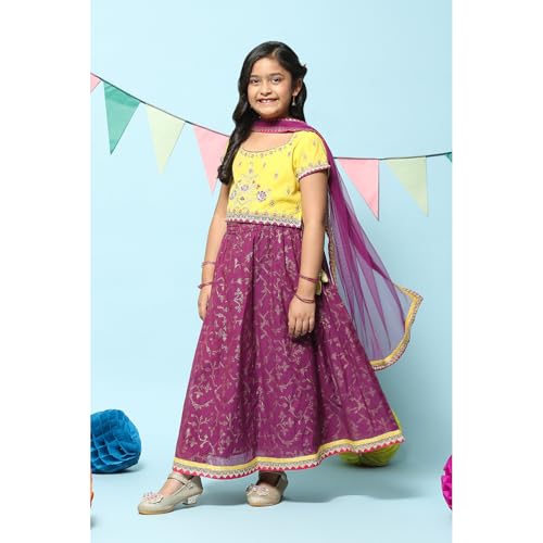 BIBA Girl Solid Cotton Blend Readymade Lehenga Choli Set(Kw5379_Yellow Purple_9)