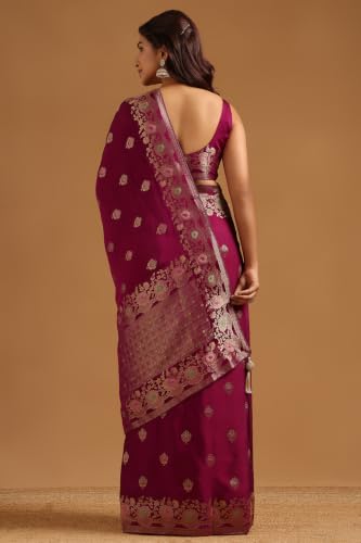 Soch Womens Wine Satin Zari Woven Saree