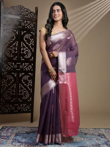 RAMRAJ COTTON Women Premium Traditional Saree| Elegant Ethnic Wear Saree |Ideal For Wedding & Festive (Semi Kora Cotton, Purple)