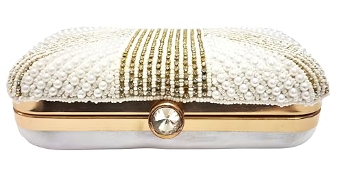 Amerie Fashions Women & Girls Embroidered White Pearl Nag Chain Beaded Clutch Purse for Party Wedding