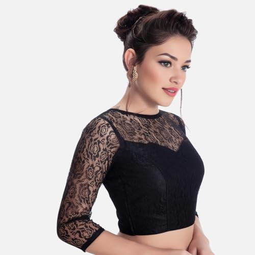 Biyu Women's Floral Net 3/4th Sleeves High Neck Readymade Saree Blouse (Black, 46)