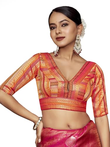 Vardha Women's Readymade Elbow Length Sleeves Golden Zari Saree Blouse (Orange)