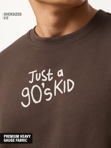 The Souled Store Flashback Fits: A 90's Kid Men and Boys Short Sleeves Round Neck Dark Brown Graphic Printed 90s Nostalgia Casual Lightweight Drop Shoulder Streetwear Trendy Cotton Oversized T-Shirt