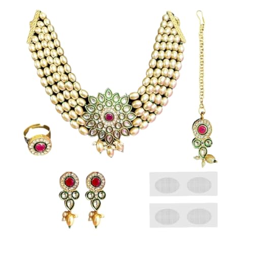 ACCESSHER Kundan Pearls Choker Set with Earrings, Maangtikka & Finger Ring with a Pair of Transparent Earring & Maangtikka Supporter Patch| For Women & Girls