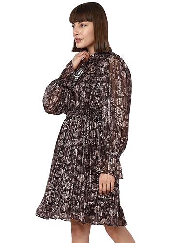 VERO MODA Women Printed Polyester Knee Length Brown Fit & Flare Dress