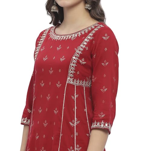Biba Women Red Cotton Foil Printed Kalidar Suit Set_44