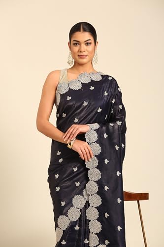 MOHEY Women's Chinon Embroidered|Stone Work Saree (Indigo Blue)