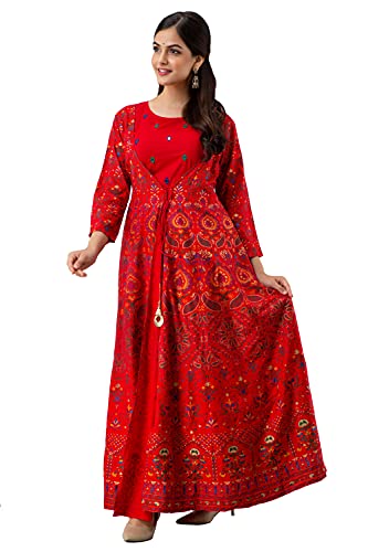 Jaipurite Women's Printed Maxi Anarkali Gown (X-Large) Red