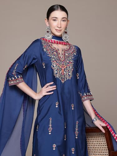 Aarke Ritu Kumar Blue Pearl Petal Solid 3/4Th Sleeve Kurta With Pant And Dupatta