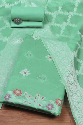 BIBA Women Rama Green Cotton Unstitched Suit Set_FREE SIZE