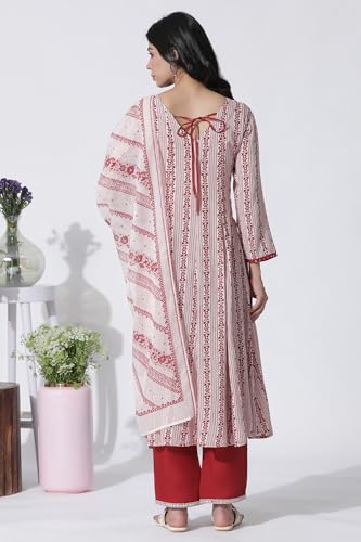 W for Woman White & Red Printed Flared Kurta, Cotton Pants with Dupatta Set_24ONWS10608-123012_XL