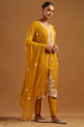 Soch Womens Mustard Desert Storm Floral Salwar Suit With Machine Embroidery and Thread Work