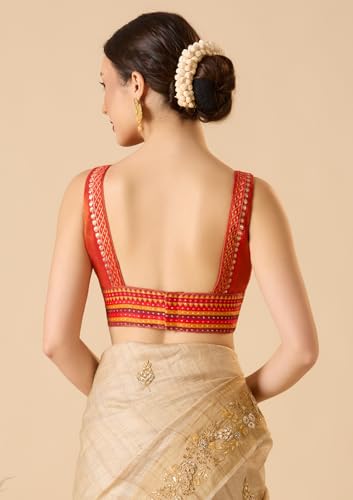 SALWAR STUDIO Rust Cotton Tissue V-Neck Sleeveless Readymade Blouse