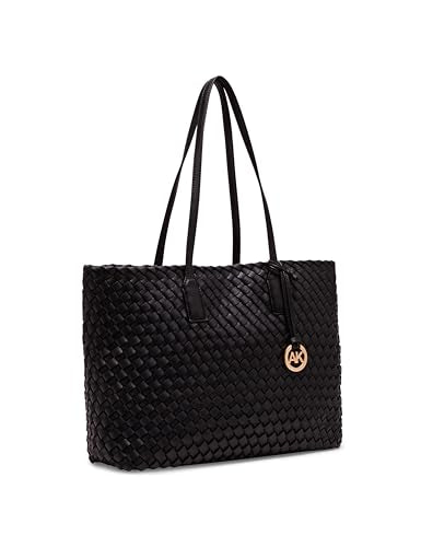 Anne Klein Woven Tote with Pouch, Black, Black, Large