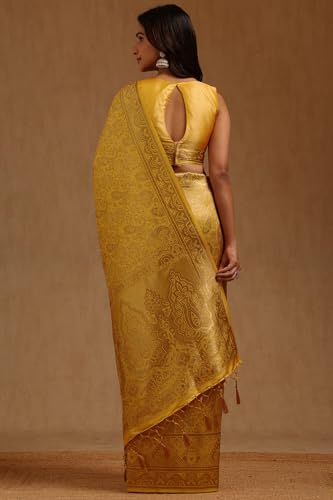 Soch Womens Yellow Tussar Floral Zari Woven Saree