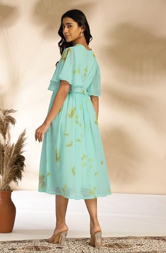 Janasya Women's Sea Green Dobby Georgette Tie-Dye Fit & Flare Dress(JNE4389-DR-XS)