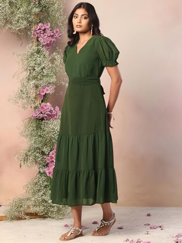 FabAlley Women's Chiffon Olive Green V-Neck Midi Dress with Tie Up Belt (DRS06375