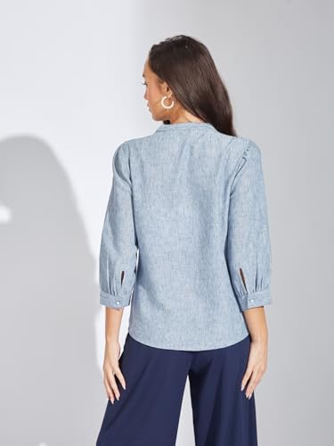 Latin Quarters Women Blue Solid Shirt with Mandarin Collar & Full Sleeves | 100% Polyester Regular Fit Button-Down Top for Casual Wear