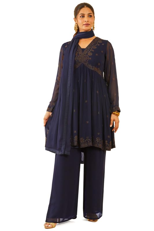 Soch Womens Navy Blue Embellished Georgette Alia Cut Suit Set