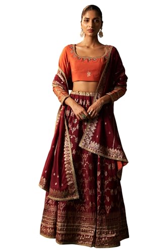 Wishful Women's Orange Zari Embroidered Jacquard Blouse with Flared Maroon Skirt and Dupatta Set (SP13159-314462-XL)