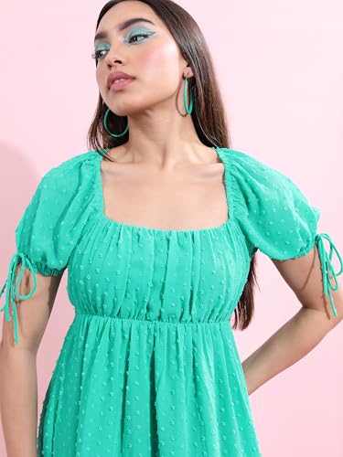 Tokyo Talkies Green Self Design Square Neck Empire Dress