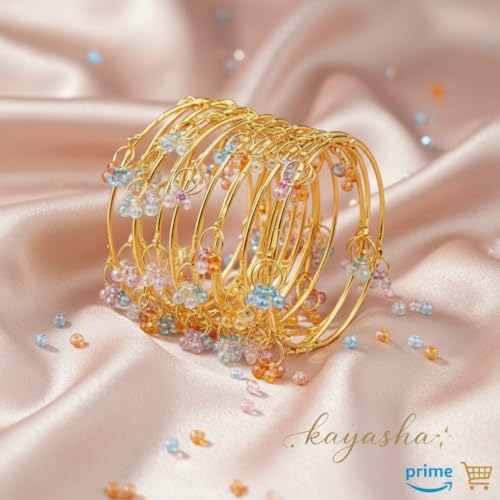 KAYASHA Women's Golden Stylish Alloy Metal Chudi Bangle Set with Ghungroo Work for Women & Girls | Traditional Bracelet Jewelry | Kangan for Wedding, Festival, Party - Set of 8