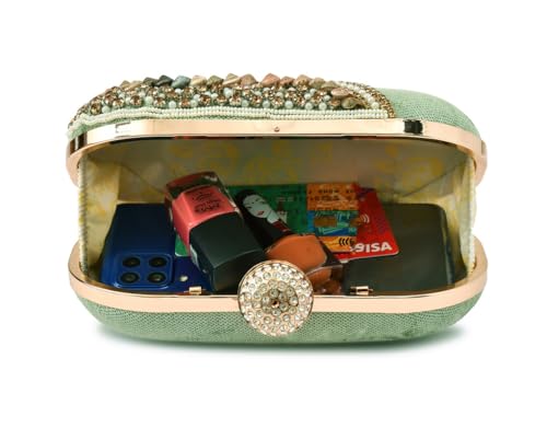 QHAN Elegant Beaded Clutch Purse for Women – Emroidered Bag with Gold Chain, Rhinestone Clasp & Stone Detailing (Cap Pebble Green)