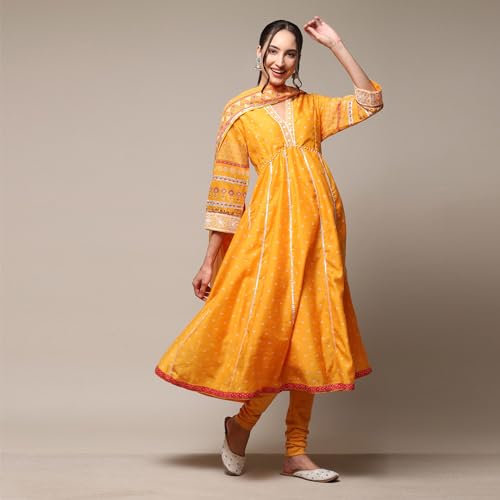 BIBA Polycotton Women Printed Anarkali Salwar Kurta Dupatta(SKDBANDHEJ8993_MAN_32), Yellow