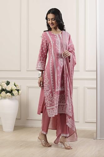 Biba Women Pink Cotton Straight Suit Set_36