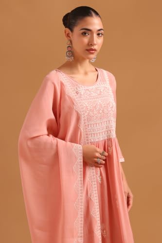 Soch Womens Peach Mul Chanderi Embroidered Botanical Chikankari Embroidery Salwar Suit