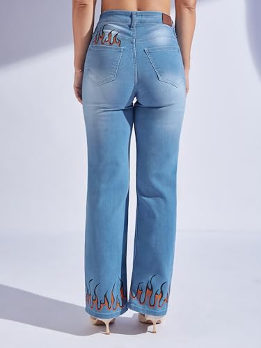 Miss Chase Women's Straight Fit Mid Rise Hand Painted Stretchable Denim Jeans (MCSS18DEN02-19-392-32, Vivid Blue, 32)