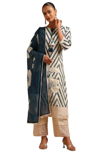 Soch Womens Teal Cotton Blend Printed Chevrons Machine Weave Sequence Work Salwar Suit