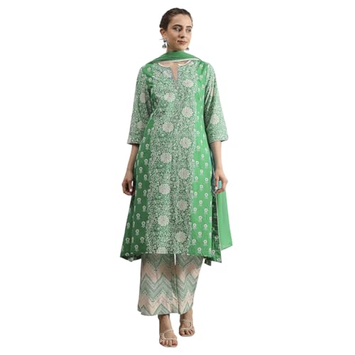 Biba Women's Green Cotton A-Line Printed Suit Set