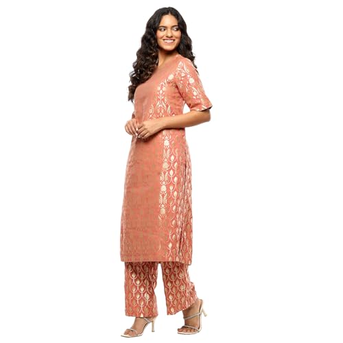 BIBA Women's Jacquard Kurta Sets (FEST2752AW24PCH_Peach