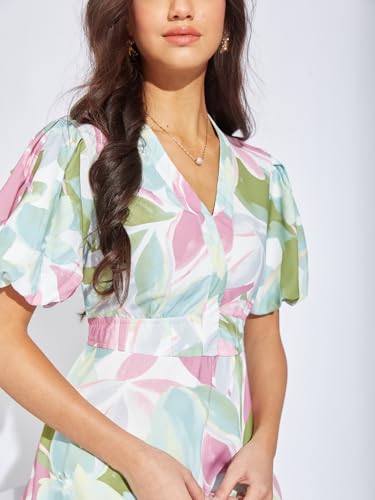 Latin Quarters Women Pink Printed A-Line Mini Dress with V-Neck and Half Sleeves Perfect for Casual Outings