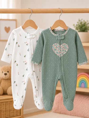 TuddyBuddy Baby Girl's Cotton Printed Full Long Sleeves Zipper Sleepsuits/Footed Rompers for Baby Girl (Pack of 2 Sleepsuits - White Carrots AOP & Olive Polka, 3 Months-6 Months)
