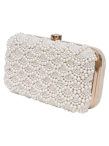 FABBHUE Women's Velvet White Hand Embroidery Box Clutch Purse