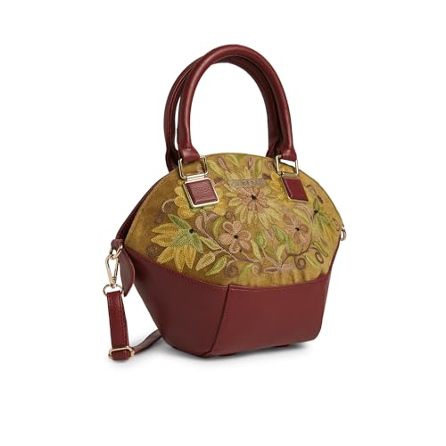 Caprese Siji Tresna Small Satchel Bag for Women with Adjustable & Detachable Strap | Kashida Embroidery Shoulder Bag | Crossbody & Handheld Bag for Work, Travel, and Everyday Use (Red)