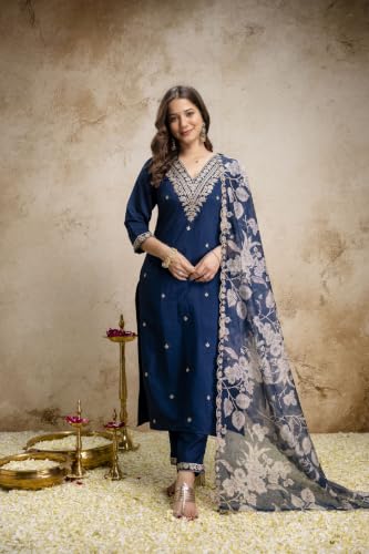 Women's Dark Blue Silk Blend Straight Kurta Set With Dupatta And Pant