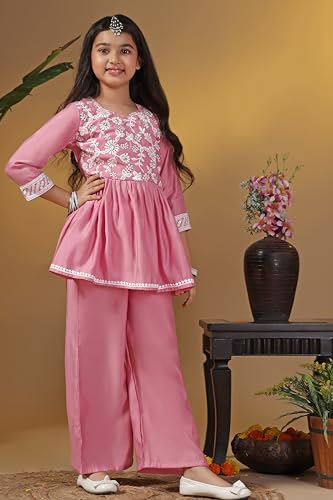 Fashion Dream Girl's Silk Blend Printed Salwar Suit Set|Ethnic Set (FDGSET00230 LPN 32_Lightpink_9-10 Years)