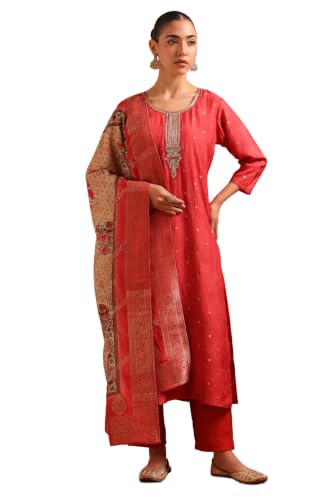 Soch Womens Rust Brocade Botanical Woven Zardosi Salwar Suit