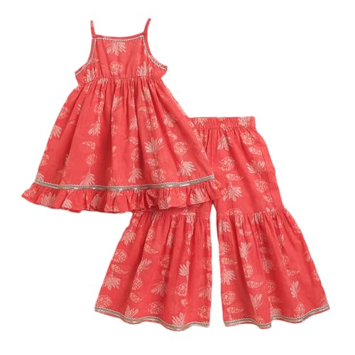 Hopscotch Girls Sleeveless Coral 3-Pc Floral Cotton Kurta Sharara Set For Age (9-10 Years)