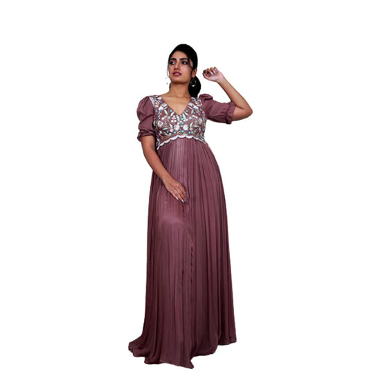 Avy's Label Chiffon Scalloped Long Frock Brown Embroidery (Brown, 40)