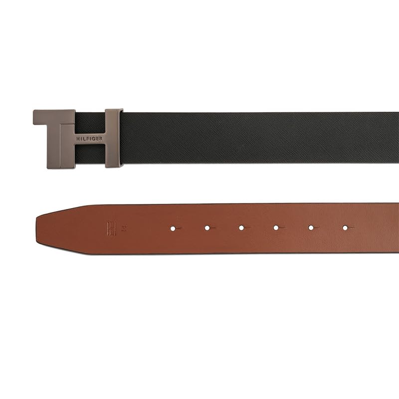 Tommy Hilfiger Men's Belfield Reversible Leather Belt - Th Side Monogram - Dual Black & Tan For Casual Fashion & Gifting | Size M - 90 CM