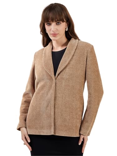 Latin Quarters Women's Brown Full Sleeves Spread Collar Self Design Casual Hip Length Blazer_XL