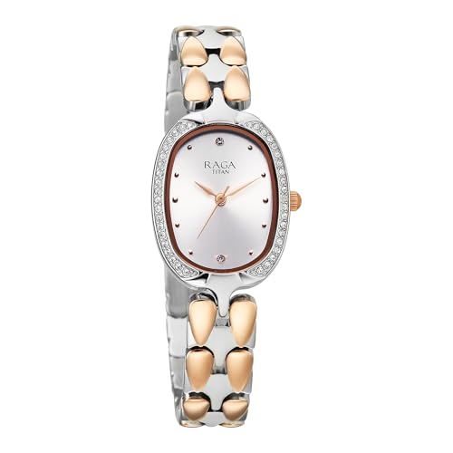 Titan Raga Showstopper 4.0 Quartz Silver Shaped Dial Women's Watch | Rose Gold Colour Band | Watches for Women Analog - 95347KM01