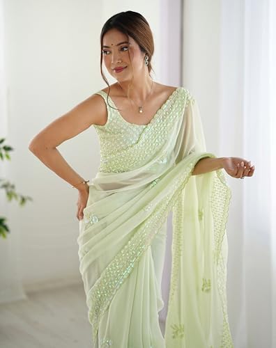SGF11 Women's Georgette Silk and Sequence Work Saree With Unstiched Blouse Piece (Light Green)