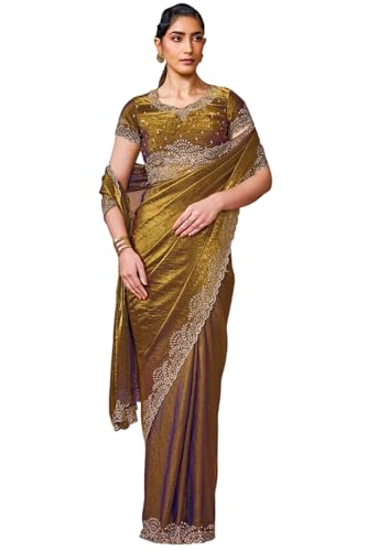 Soch Womens Olive Fendy Satin Embellished Saree With Stone Work