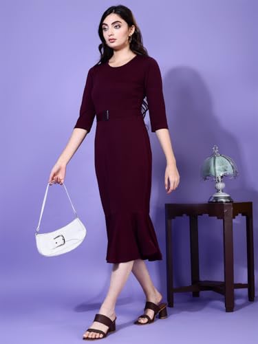 Attire Empire Women Solid Drop-Waist Midi Dress Maroon