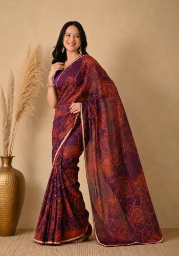 Women Maroon & Blue Bandhani Printed Georgette Saree with Decorative Border